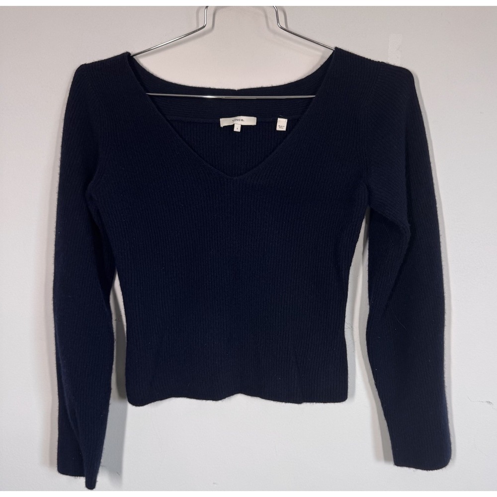 Vince‎ Ribbed Cashmere Blend Navy Blue Cropped V Neck Sweater Women's S Luxury